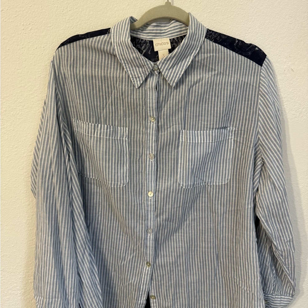 Chico's Nepal Blue Mixed Blues Bey Woven Button-up Top Size 3 (US XL)